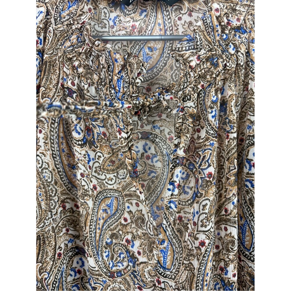 Zara blouse long sleeves tassels Beige Paisley Blouse with Blue & Brown Accents - Picture 7 of 12